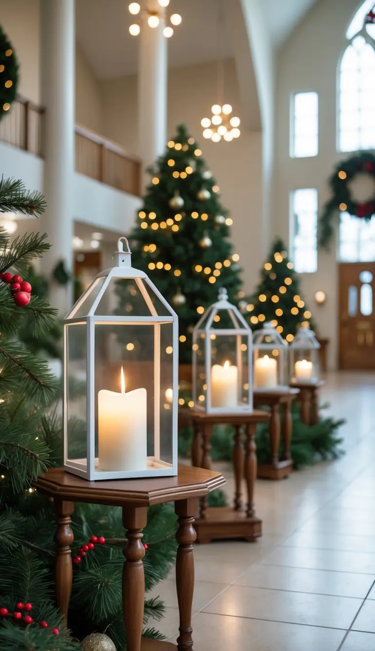 White candle lanterns glowing warmly on wooden side tables in a church lobby decorated for Christmas.