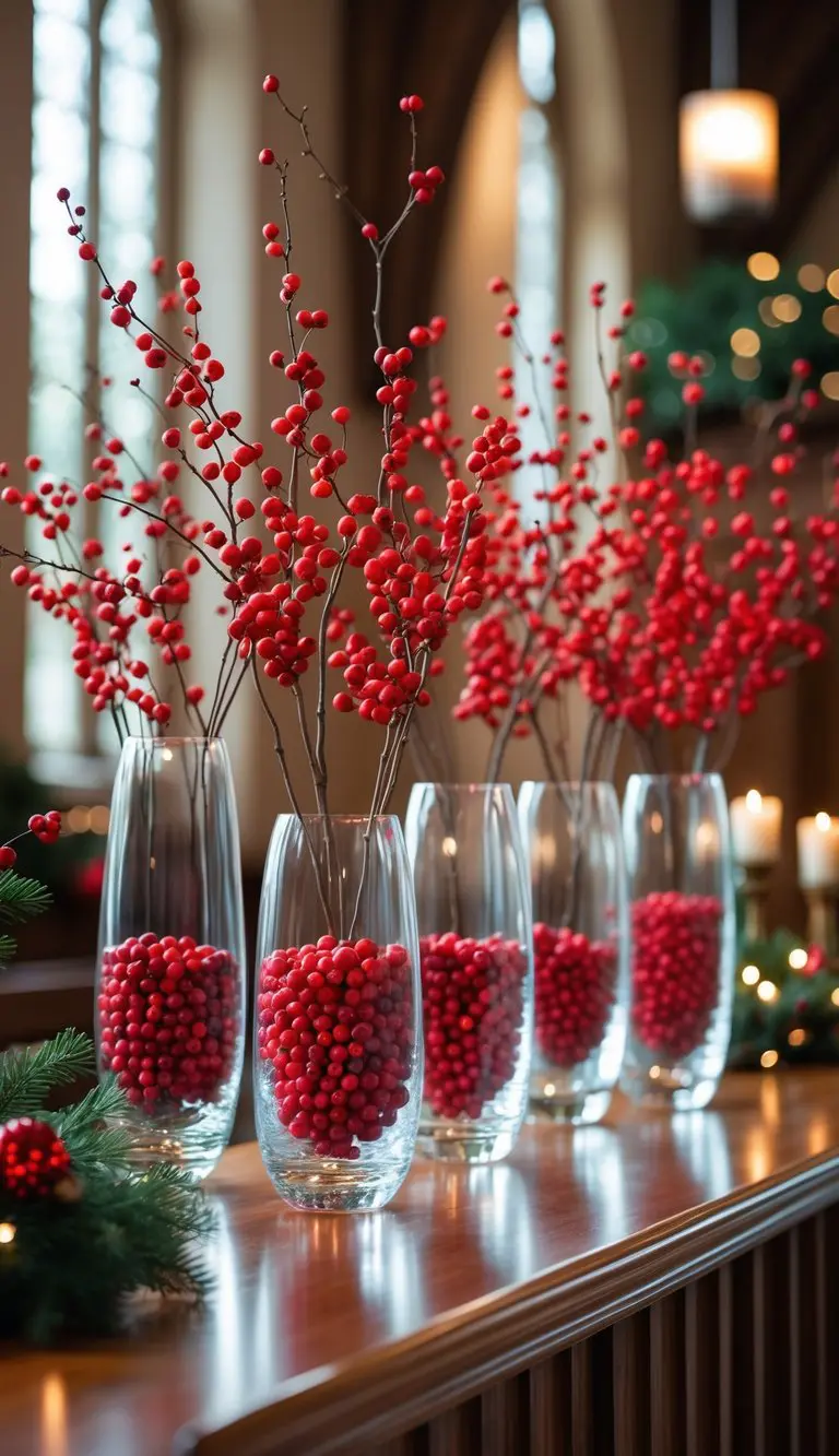 Glass vases filled with red berry clusters arranged on a table inside a church lobby decorated for Christmas.