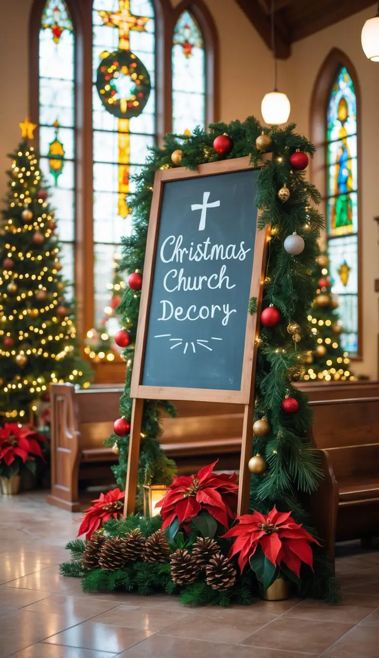 Church lobby decorated for Christmas with a chalkboard sign surrounded by festive greenery, ornaments, and warm lighting.