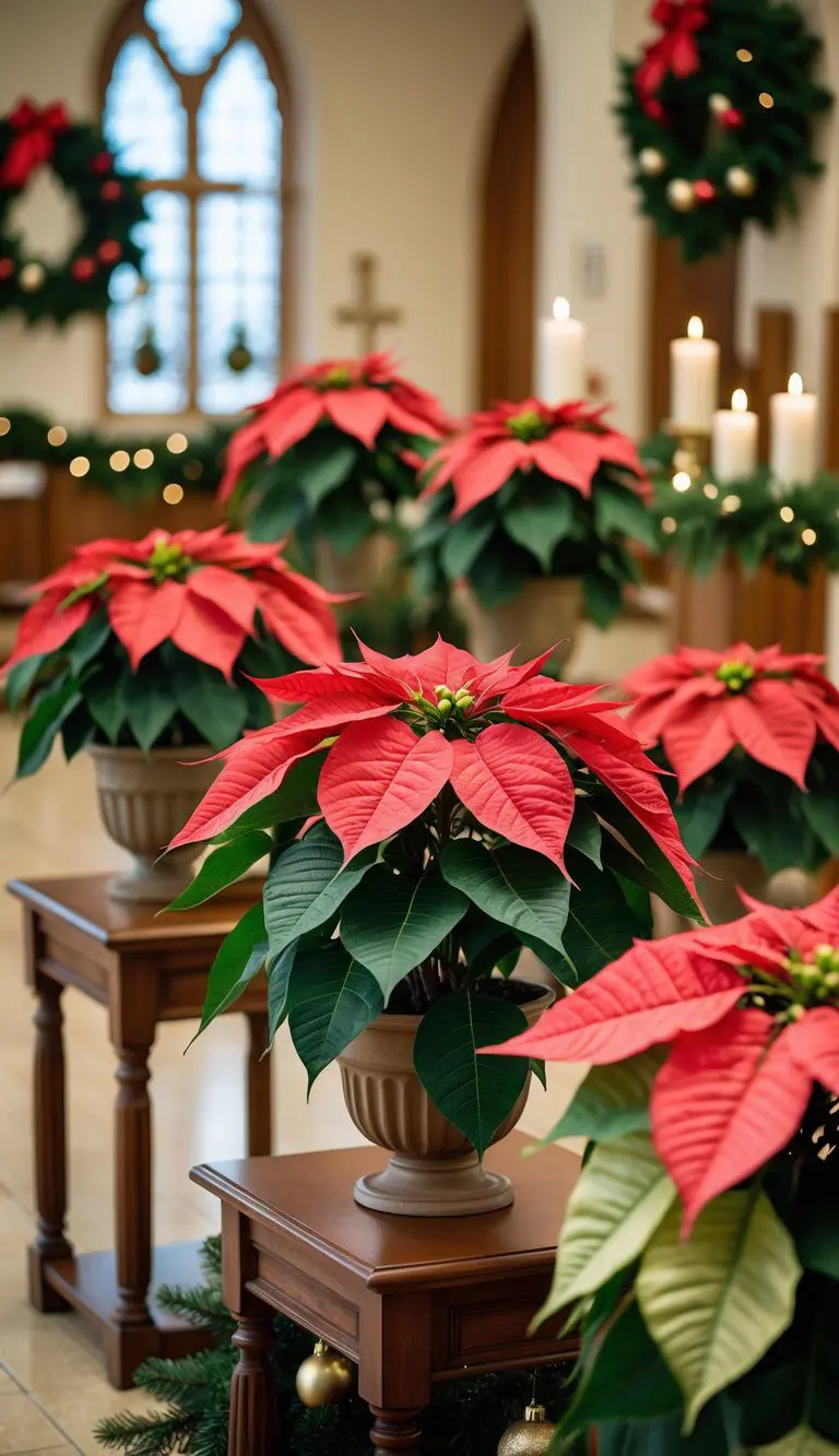 A display of red and green poinsettia plants arranged in a church lobby decorated for Christmas.