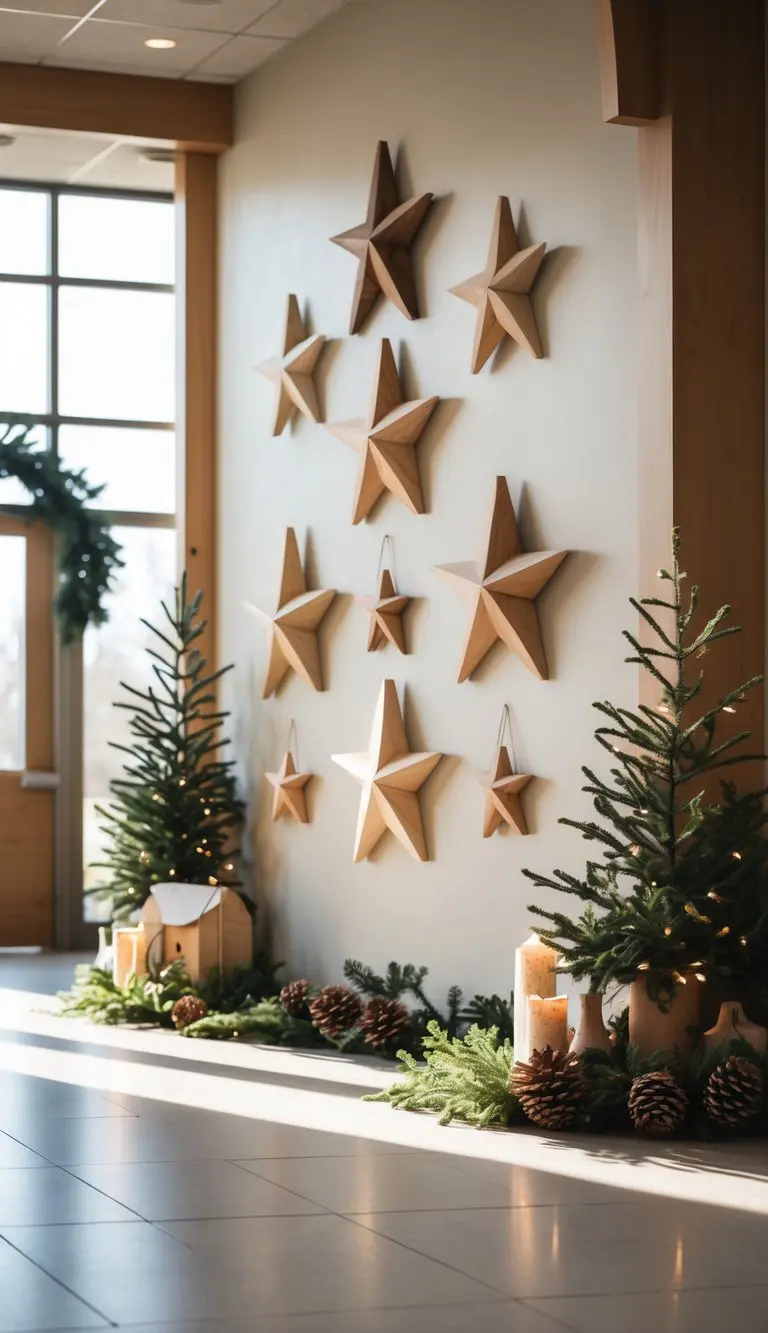 Wooden star wall hangings on a wall in a church lobby decorated for Christmas with greenery and warm lights.