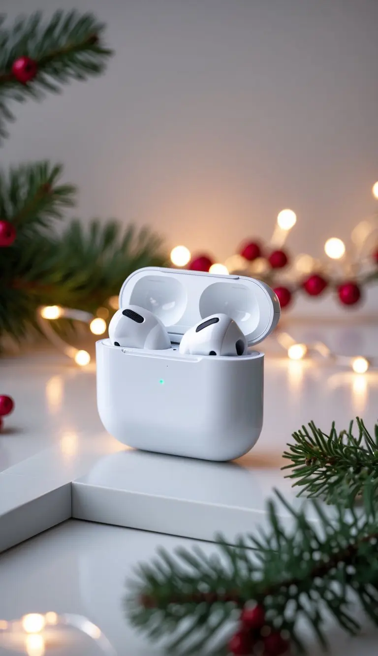 A pair of Apple AirPods Pro 2nd Generation earbuds displayed on a surface with Christmas decorations and warm holiday lights in the background.