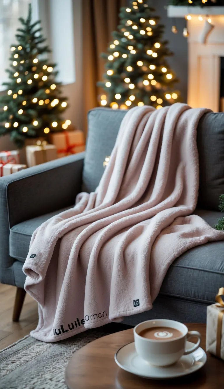 A cozy throw blanket draped over a sofa in a living room decorated for Christmas with a small tree, wrapped gifts, and a cup of hot cocoa on a coffee table.