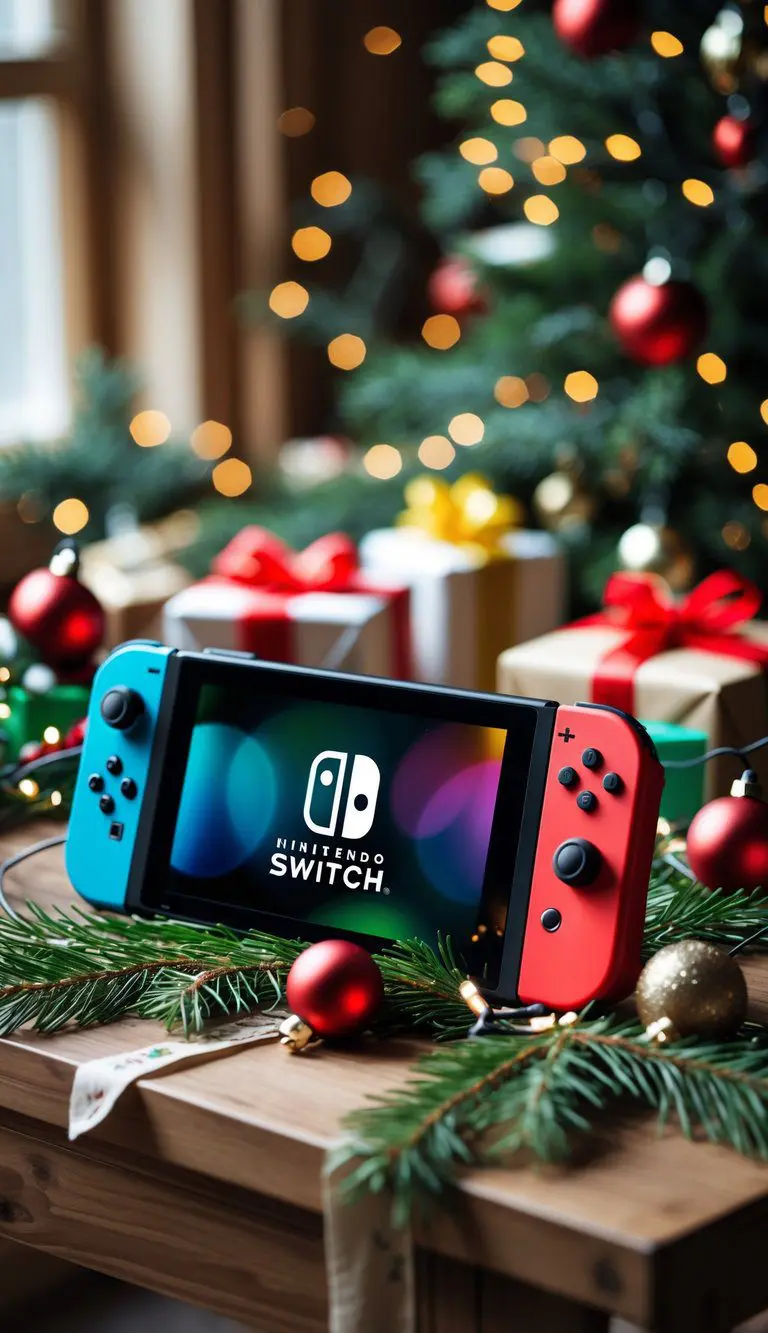 Nintendo Switch OLED Model displayed on a wooden table surrounded by Christmas decorations and wrapped presents.