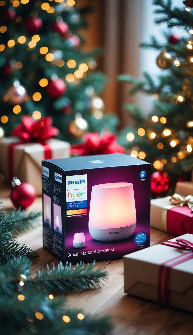 A Philips Hue Smart Light Starter Kit box on a wooden table surrounded by Christmas decorations and wrapped presents.