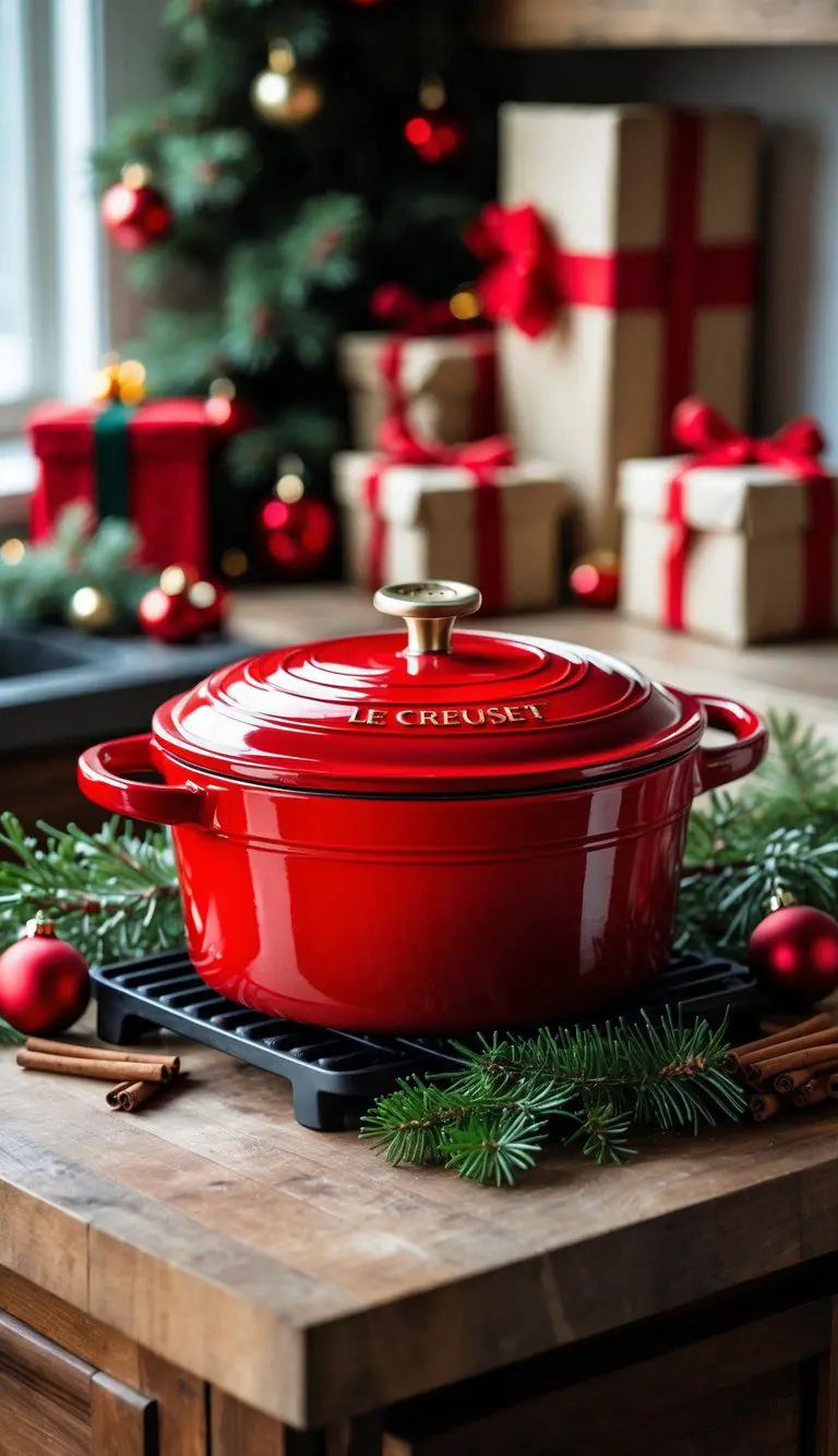 A red Le Creuset Dutch oven on a wooden kitchen counter surrounded by Christmas decorations and wrapped gifts.