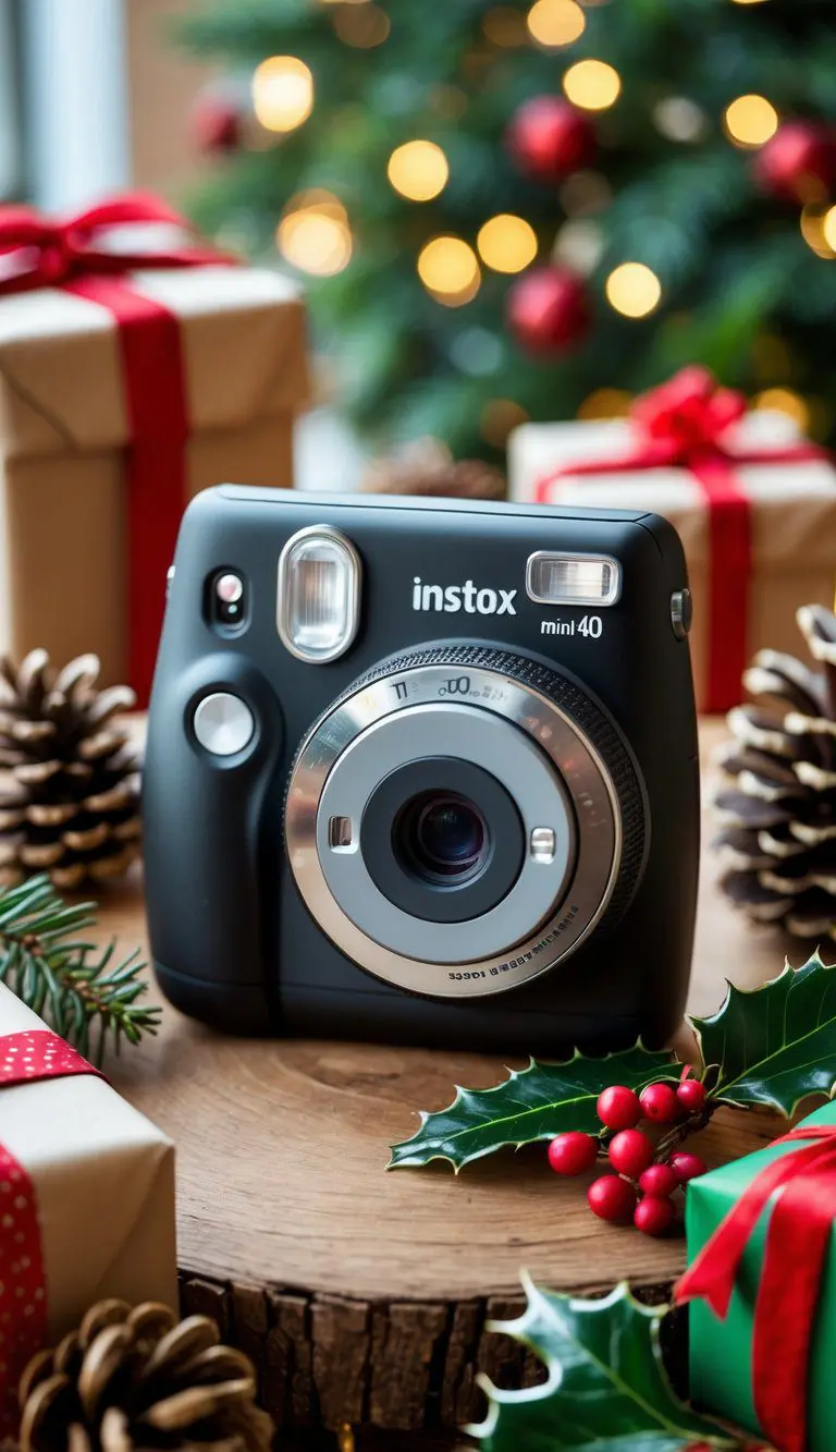 A Fujifilm Instax Mini 40 Instant Camera on a wooden table surrounded by Christmas decorations and wrapped gifts.