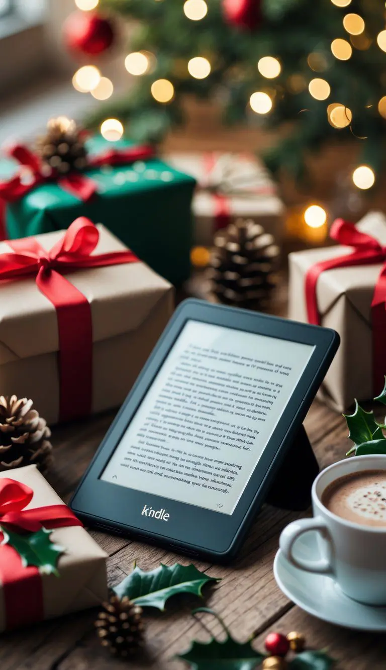 A Kindle Paperwhite Signature Edition on a wooden table surrounded by Christmas decorations, wrapped gifts, and a cup of hot cocoa.
