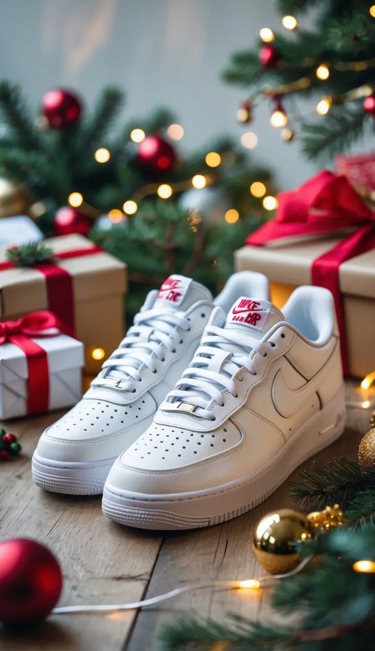 A pair of white Nike Air Force 1 sneakers surrounded by Christmas decorations and wrapped gifts on a wooden surface.