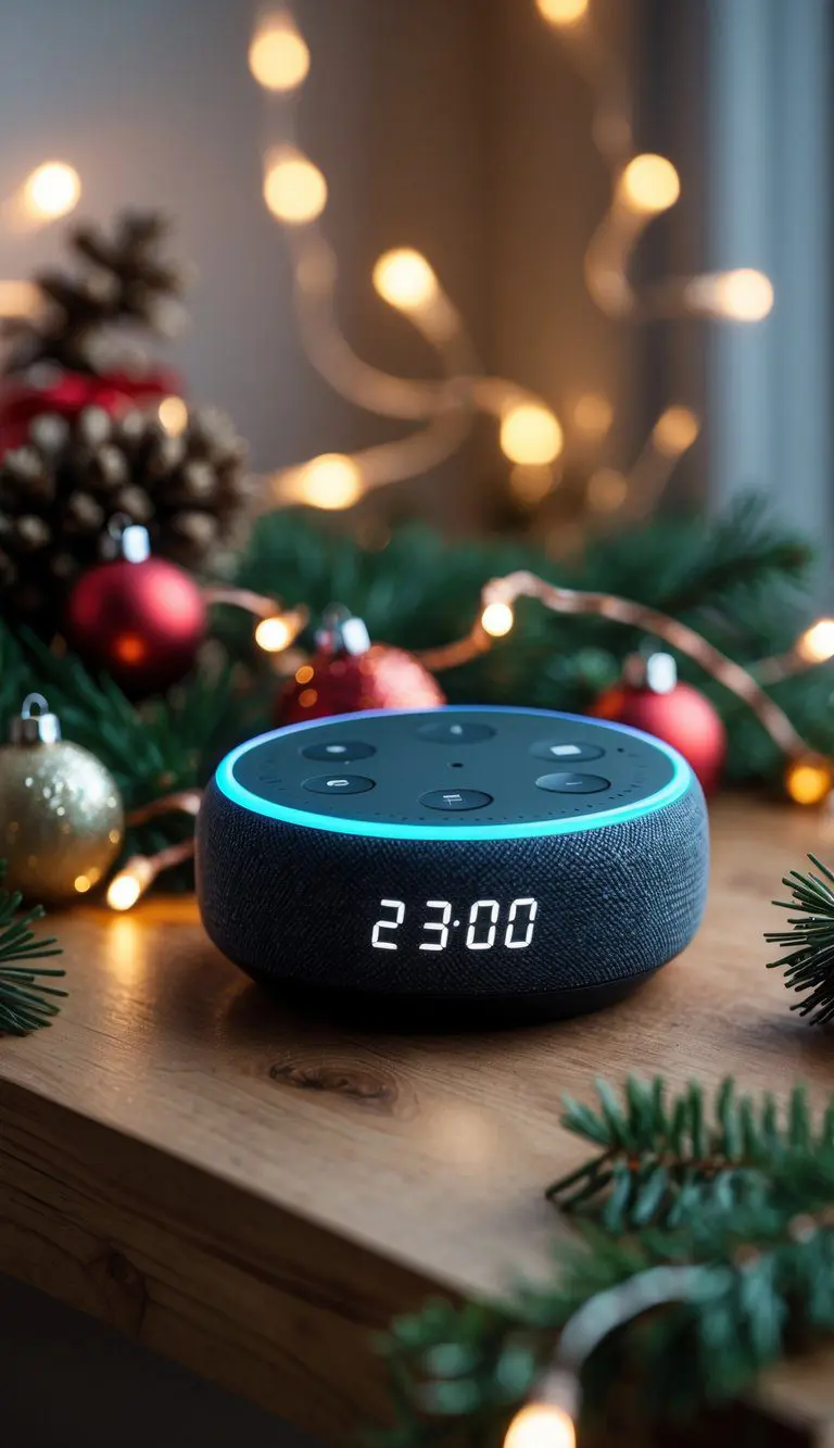An Echo Dot (5th Generation) with Clock on a wooden surface surrounded by Christmas decorations and warm lights.