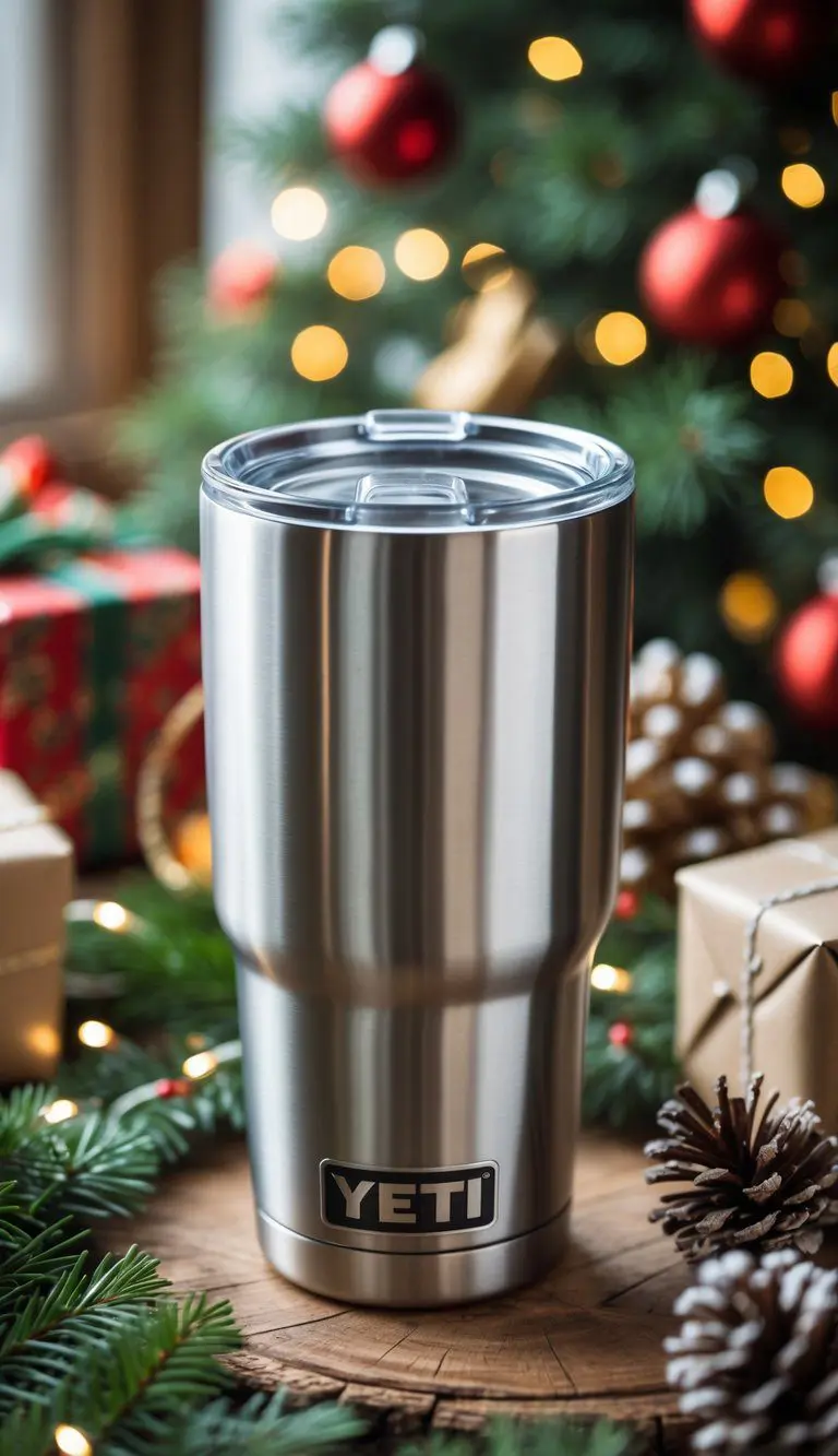 A 20 oz Yeti Rambler Tumbler on a wooden table surrounded by Christmas decorations and wrapped gifts.