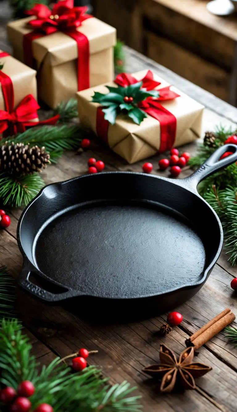 A Lodge cast iron skillet on a wooden table surrounded by Christmas gift decorations including pine branches, wrapped presents, and spices.
