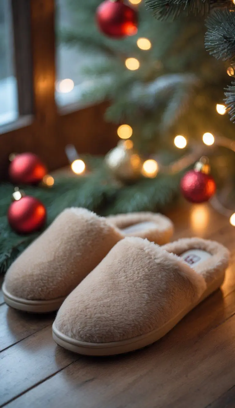 A pair of fluffy Ugg slide slippers on a wooden floor surrounded by Christmas decorations and warm lights.