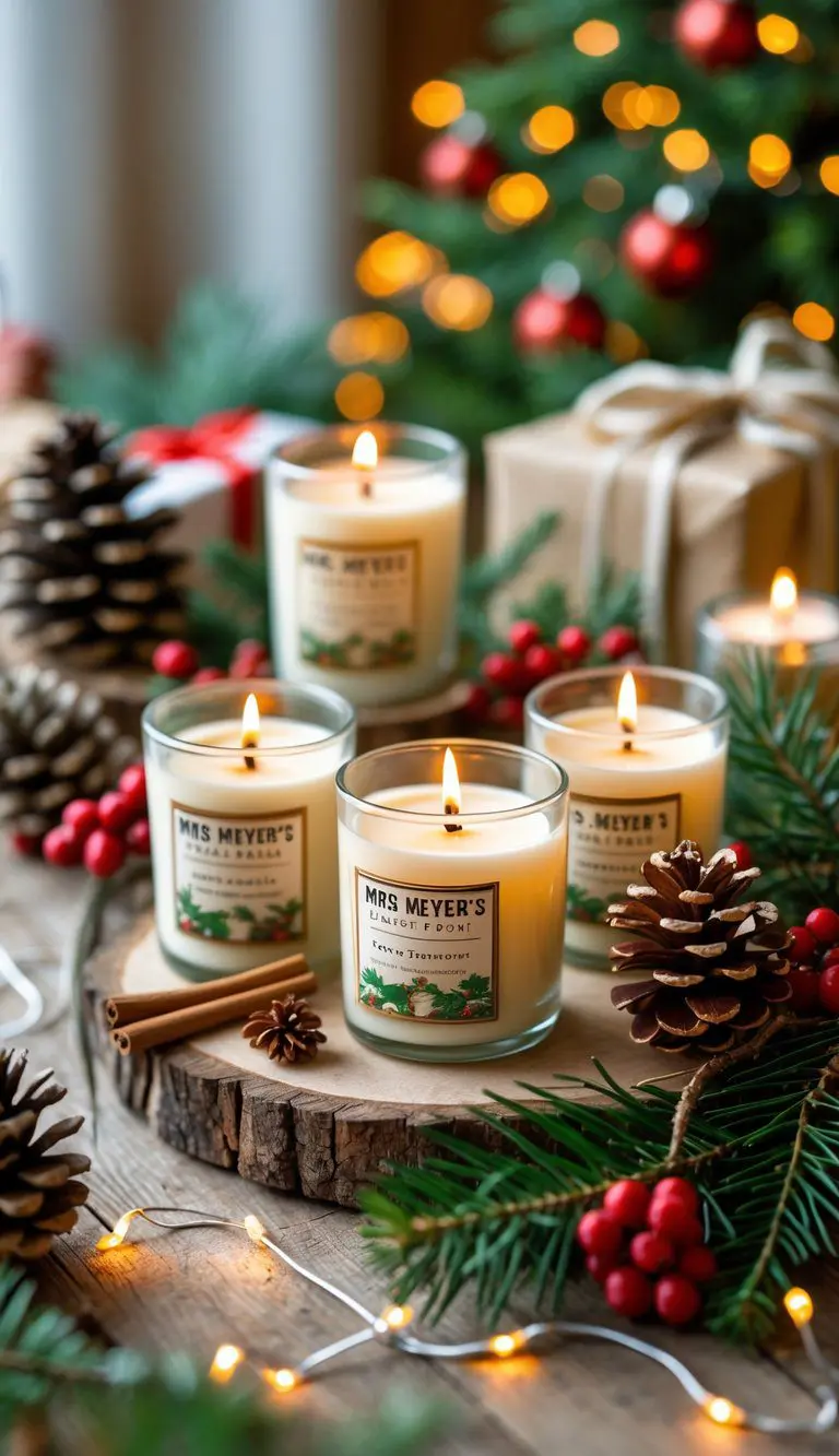 A set of scented candles surrounded by Christmas decorations including pine branches, pine cones, and cinnamon sticks on a wooden table.