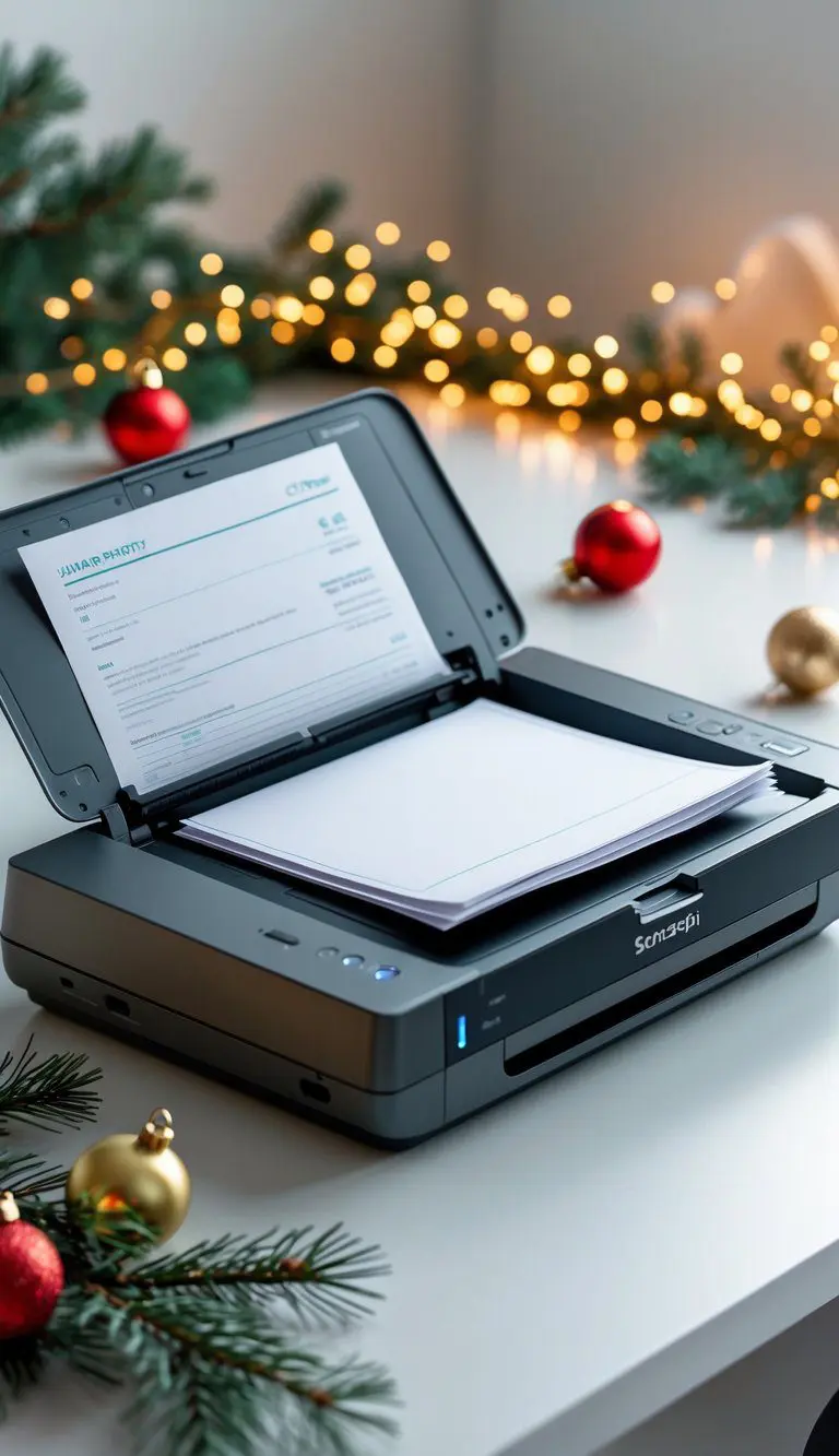 A Fujitsu ScanSnap iX1600 document scanner on a desk surrounded by Christmas decorations and warm lights.