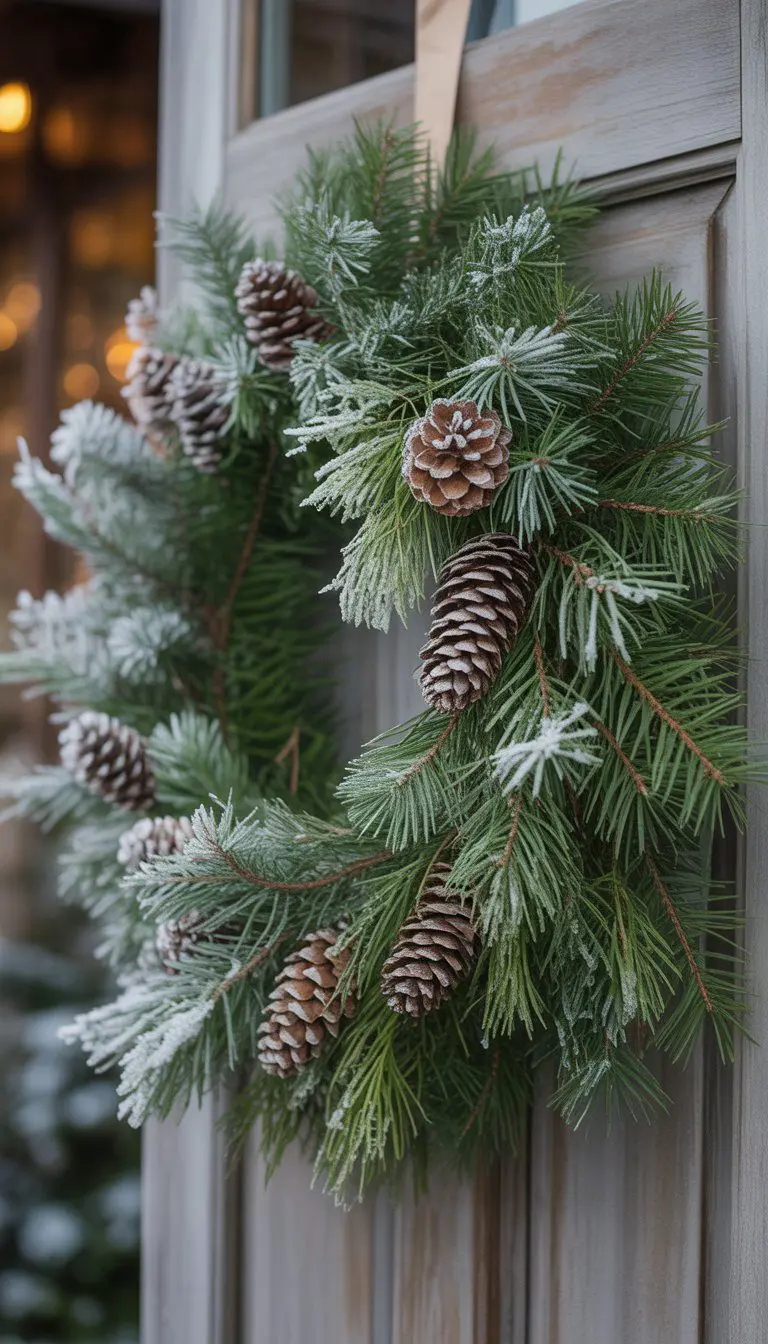 A frosted evergreen wreath with pinecones hanging on a wooden door.