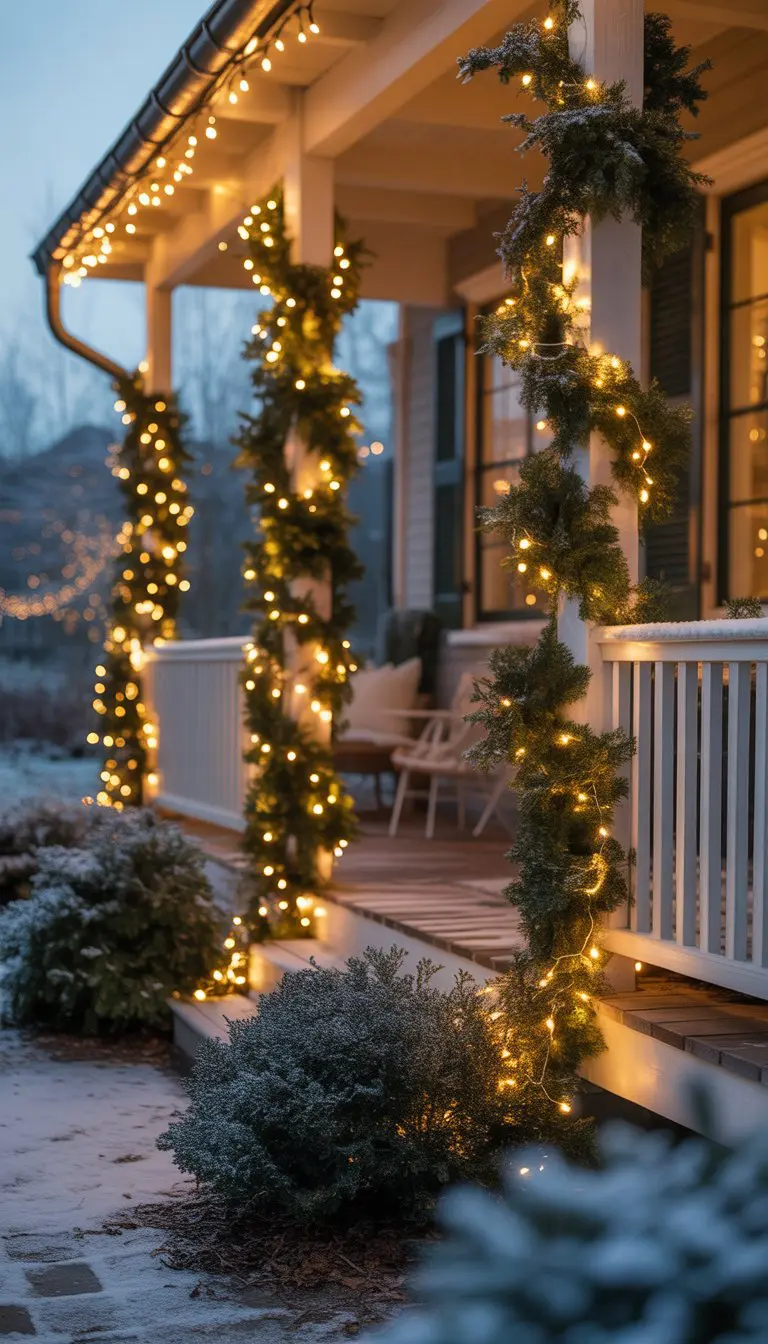 A winter porch with warm white fairy lights wrapped around railings and bushes glowing softly in the evening.