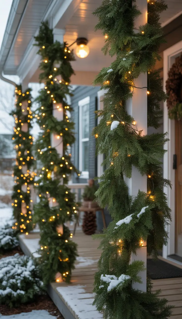 Front porch columns wrapped in green garlands with tiny lights during winter.