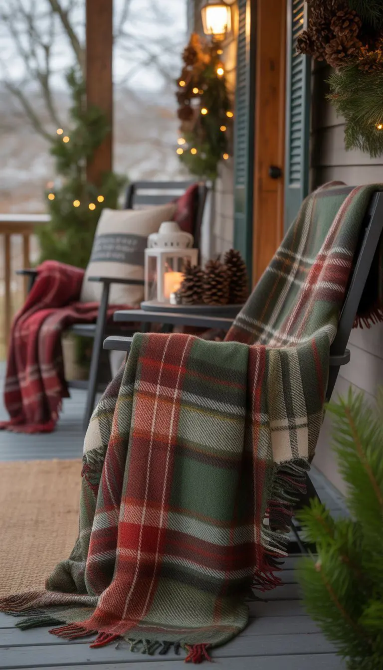 Porch chairs and benches with warm plaid throw blankets arranged outdoors, creating a cozy winter scene.