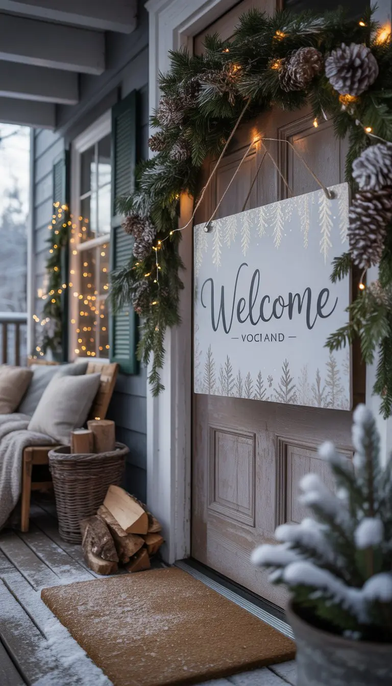 A winter porch with a welcome sign being hung on a wooden door, decorated with pine garlands, pinecones, and fairy lights.