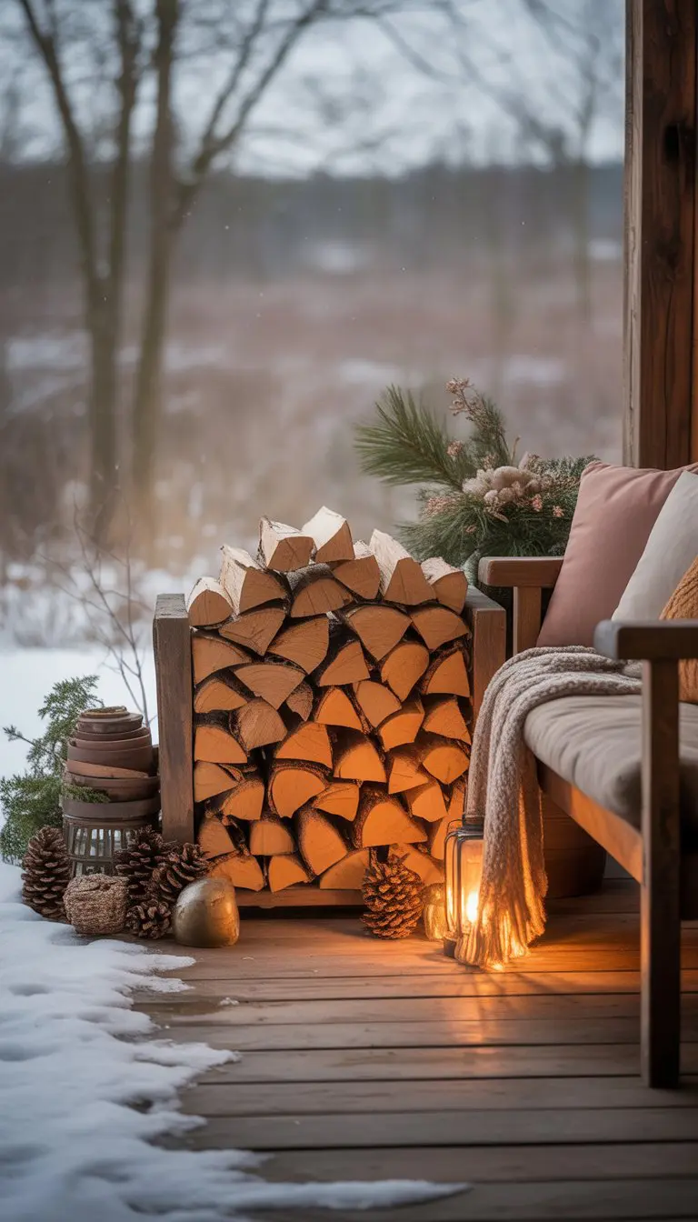 A small stack of firewood on a winter porch next to a wooden bench with cushions and a blanket, decorated with pine cones and a glowing lantern.