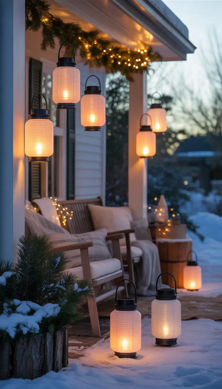 A winter porch at dusk with glowing battery-operated lanterns, snow-dusted furniture, and pine garlands creating a warm and safe ambiance.