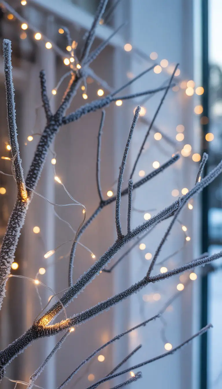 Frosted tree branches decorated with small twinkle fairy lights in a winter window display.