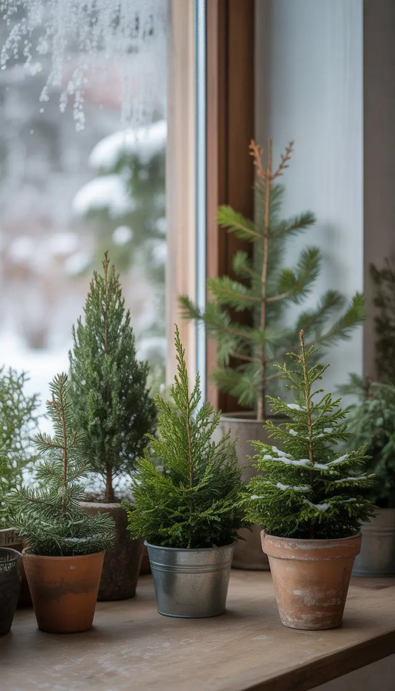 Miniature evergreen trees in rustic pots arranged on a wooden windowsill with a snowy outdoor view through the window.