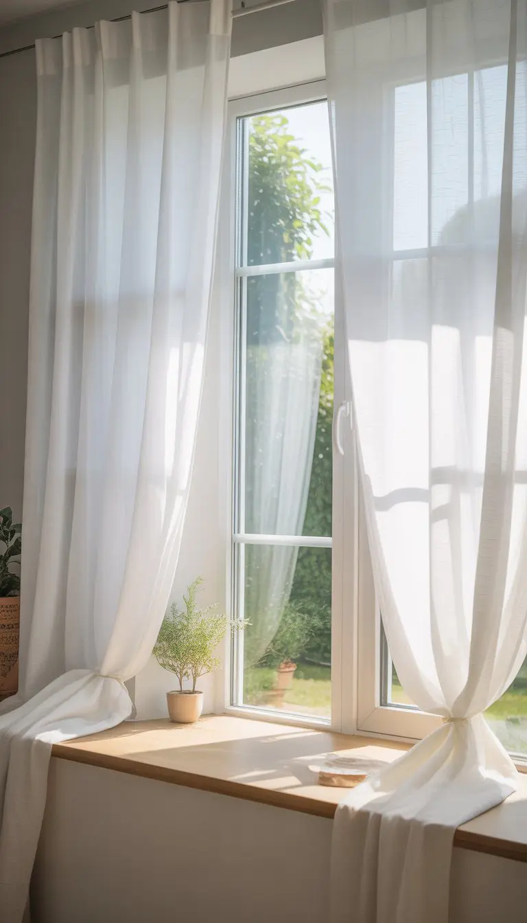 A bright room with a large window covered by soft white sheer curtains, letting in natural light and showing a view of greenery outside.