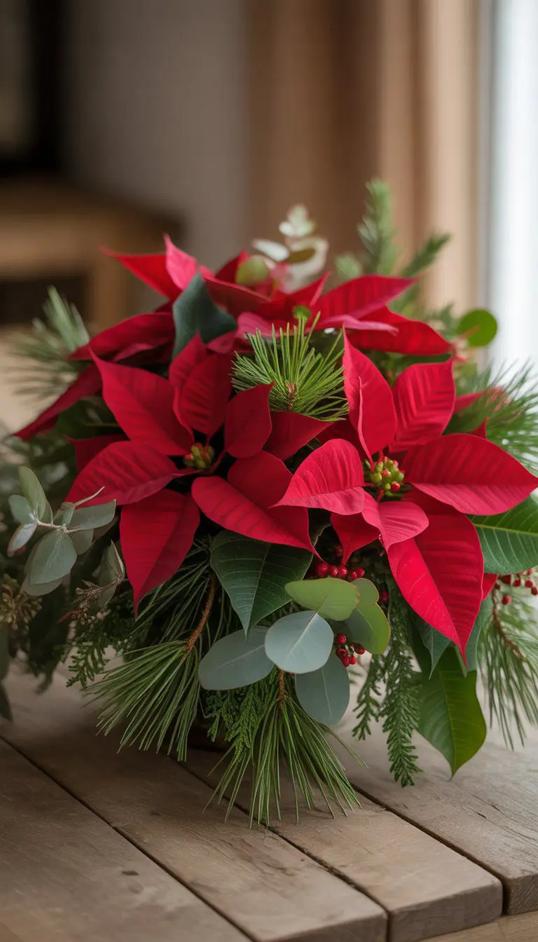 A red poinsettia bouquet with pine and eucalyptus sprigs arranged on a wooden table.
