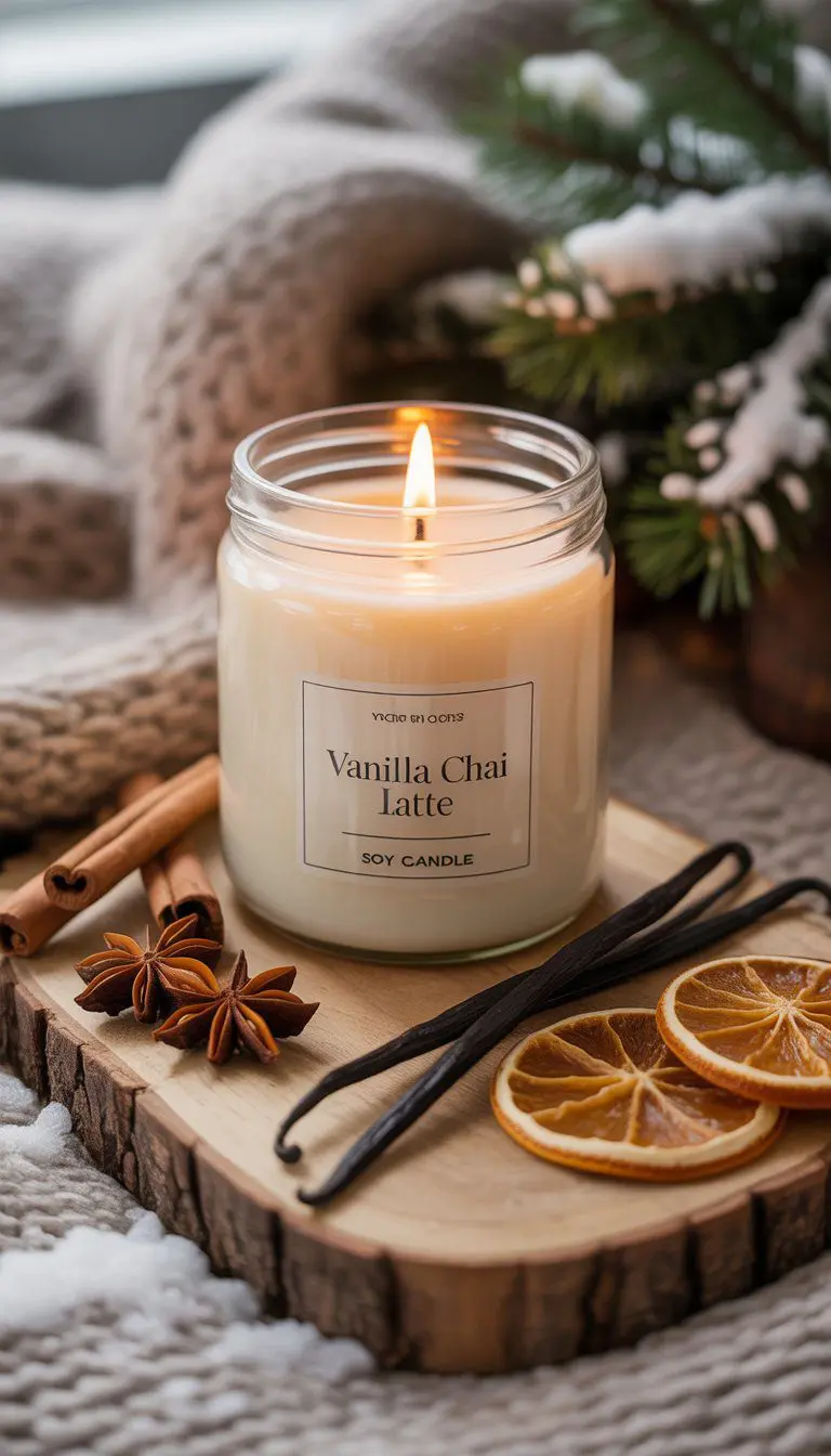 A lit Vanilla Chai Latte soy candle surrounded by cinnamon sticks, star anise, vanilla pods, and dried orange slices on a wooden surface with winter decorations in the background.