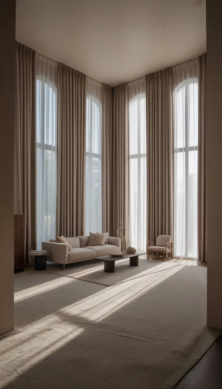 Small living room with tall curtains covering large windows, a sofa, and a coffee table.