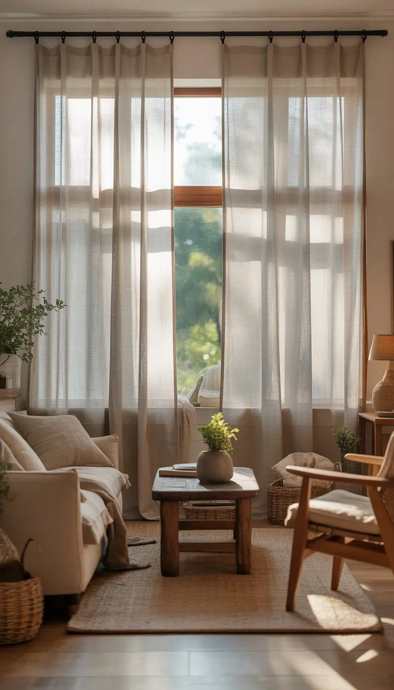 A small living room with large windows covered by light linen curtains, furnished with a sofa, coffee table, and plants, illuminated by natural light.