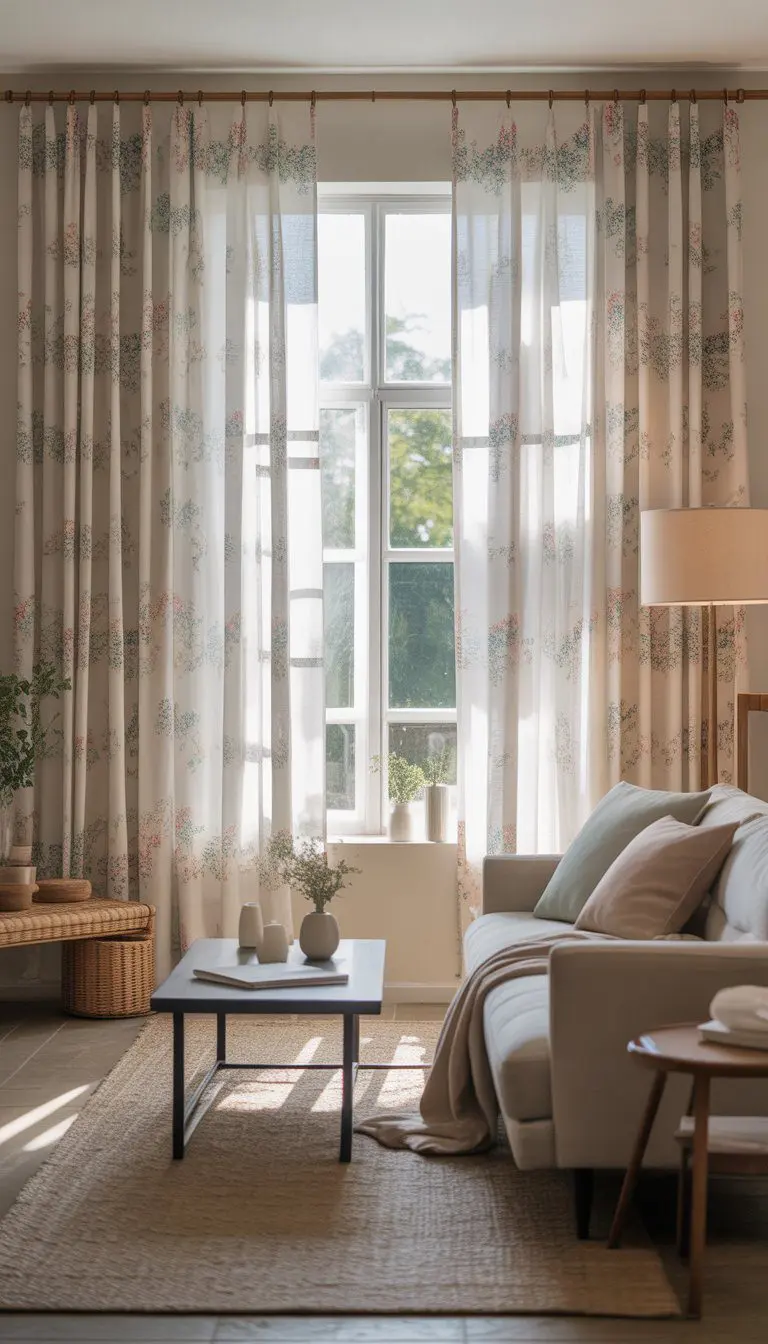 A small living room with patterned curtains hanging on a large window, natural light filling the space, and a cozy seating area with a sofa and coffee table.