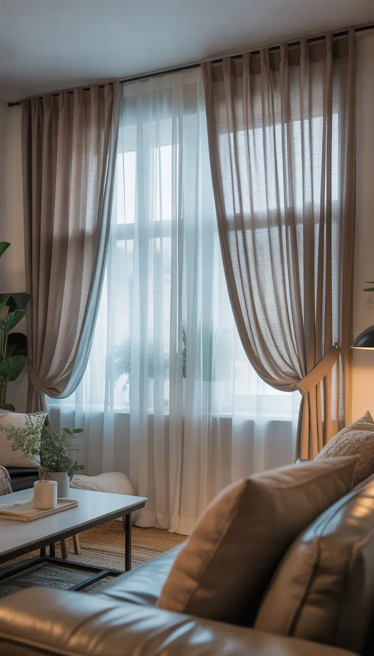Small living room with a window featuring layered sheer and blackout curtains, a sofa, coffee table, and indoor plants.