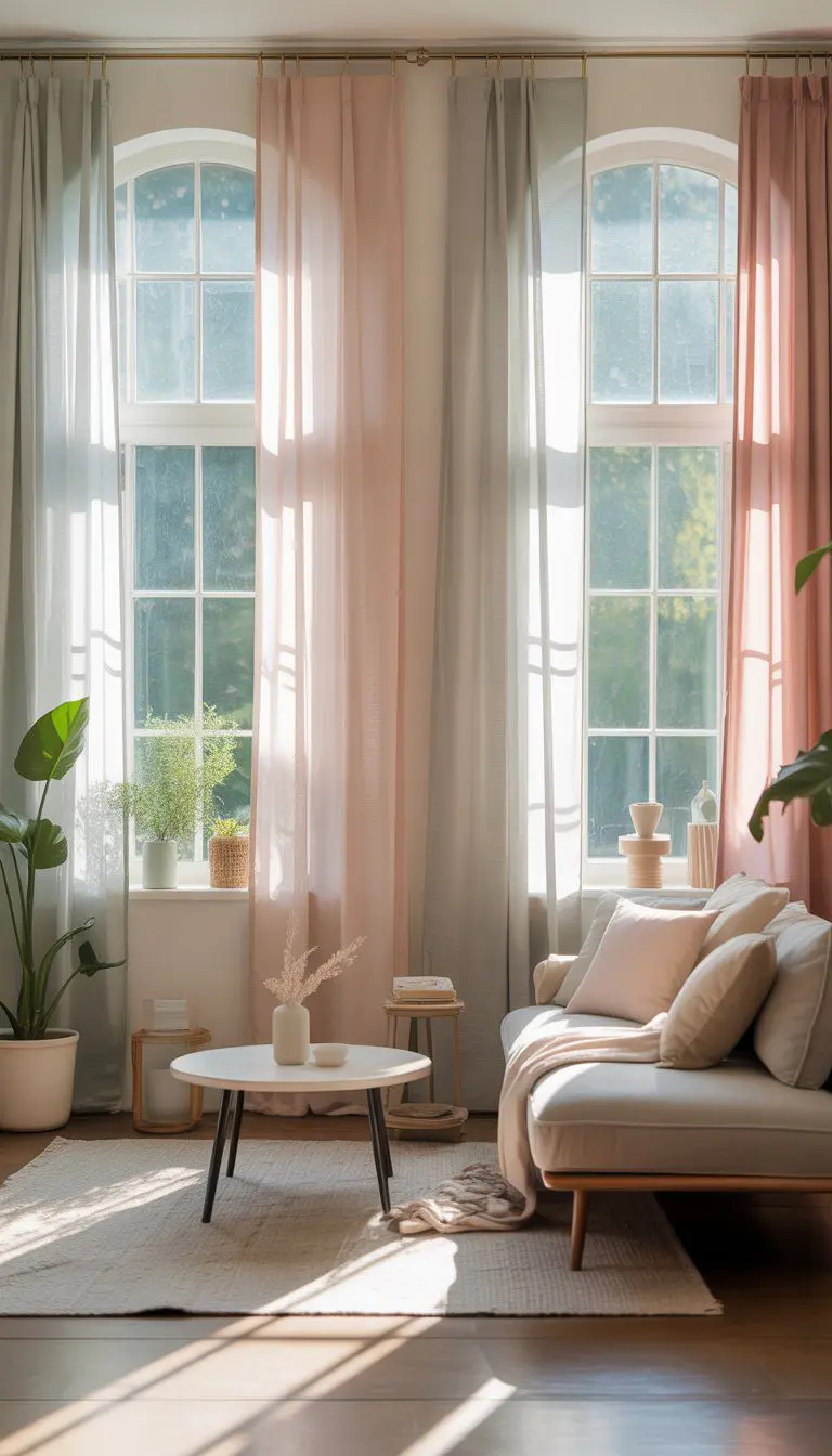 A small living room with large windows covered by light-colored curtains, natural sunlight filling the space, and simple furniture arranged neatly.