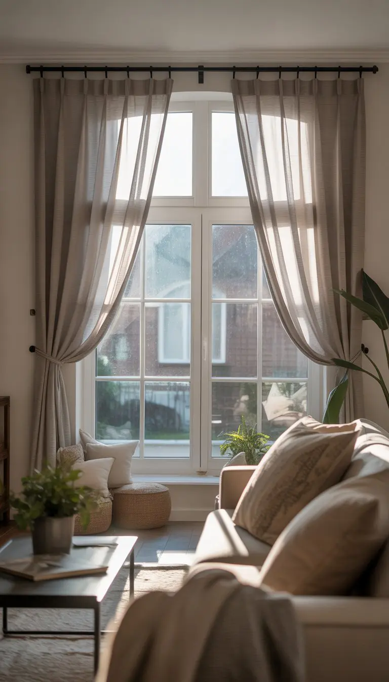Small living room with a window featuring curtain rods installed above the window frame and light curtains hanging down, with a sofa and plants nearby.