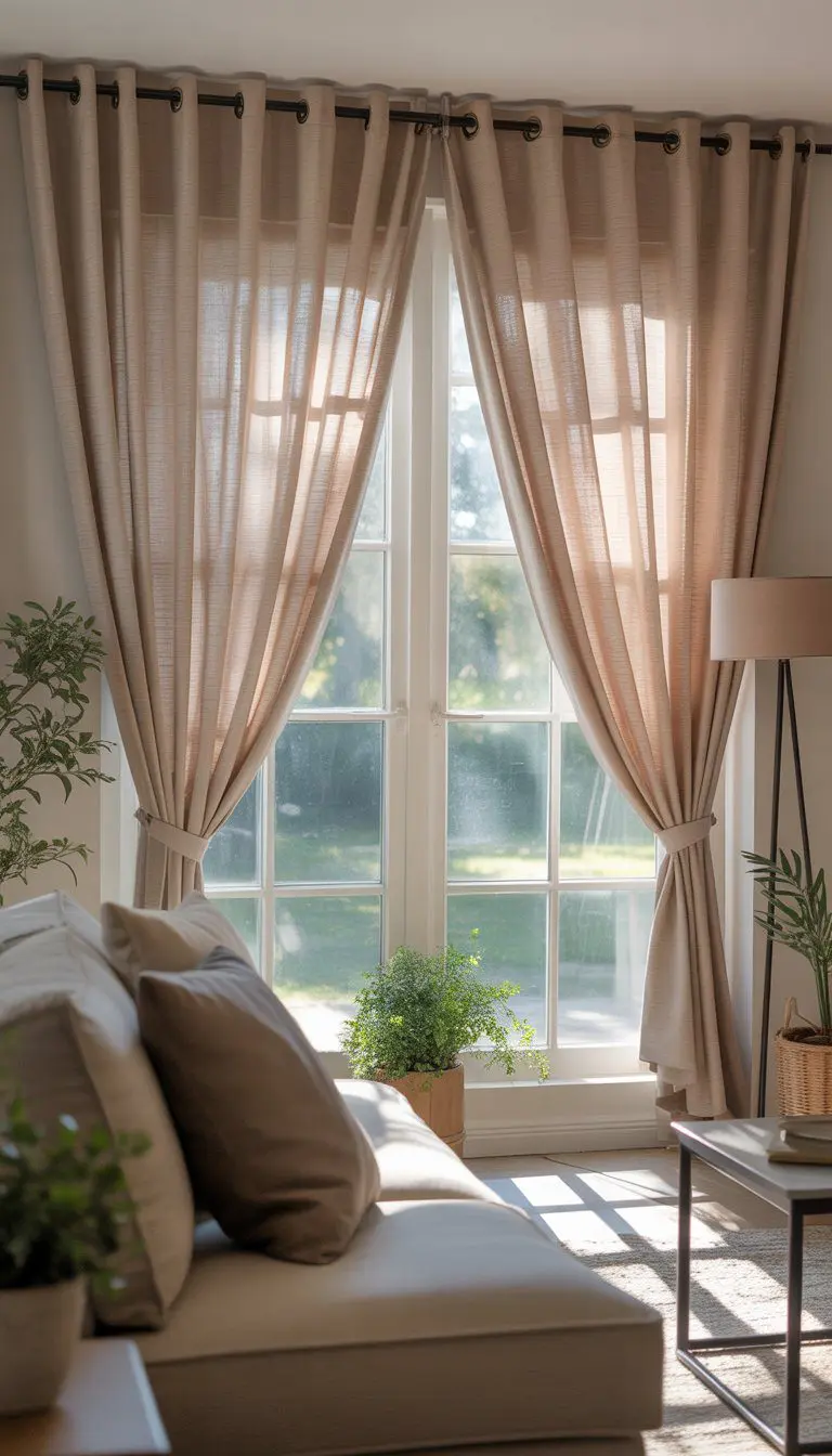 A small living room with large windows covered by light curtains with eyelet tops, a sofa, coffee table, and plants.