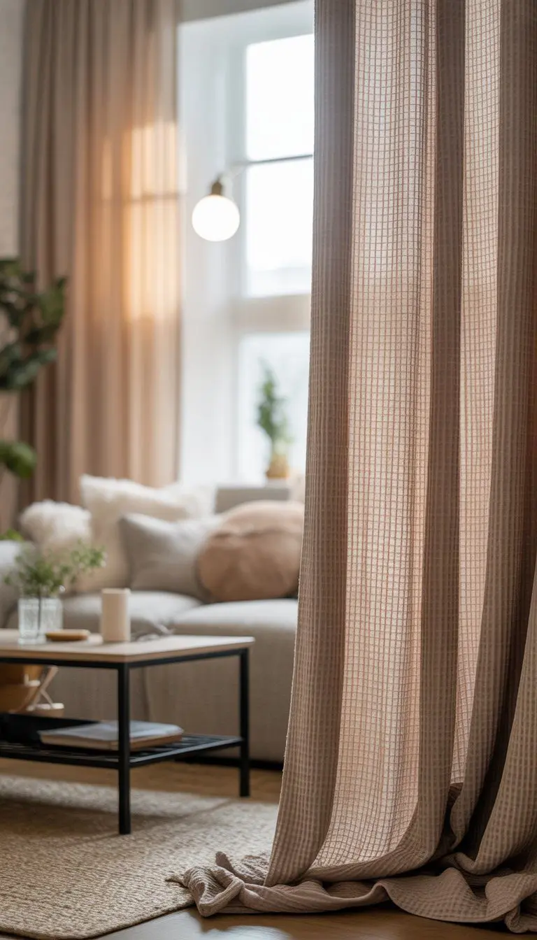 Small living room with textured curtains hanging over a window, soft natural light filling the space, and cozy seating nearby.