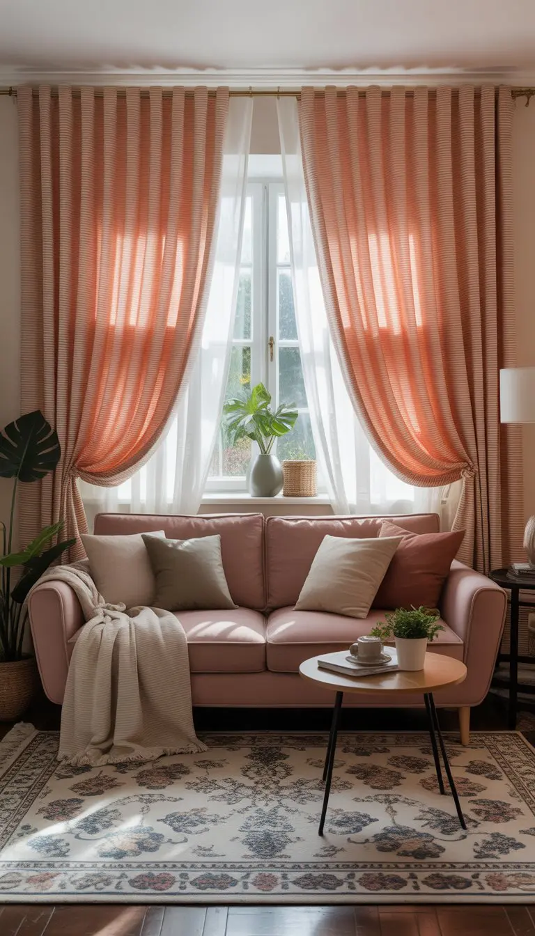 A small living room with a sofa, matching curtains, a rug, and a coffee table arranged neatly.