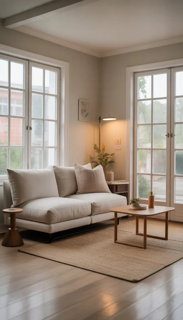 A bright small living room with an armless loveseat, a coffee table, and a floor lamp arranged to maximize open space.