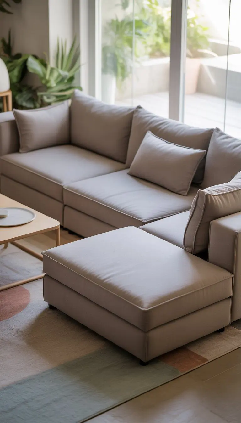 A small living room with a modular gray sofa arranged in a flexible layout, a wooden coffee table, plants, and natural light from large windows.