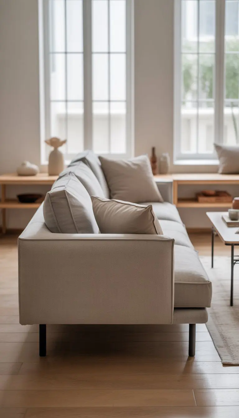 A slim sofa with raised legs in a small, bright living room with a coffee table and natural light.