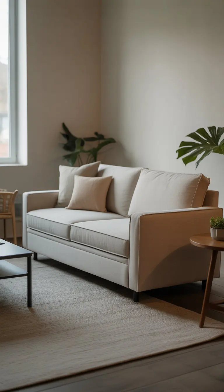 A small living room with a compact convertible sleeper sofa set up for seating, featuring a coffee table and a potted plant nearby.