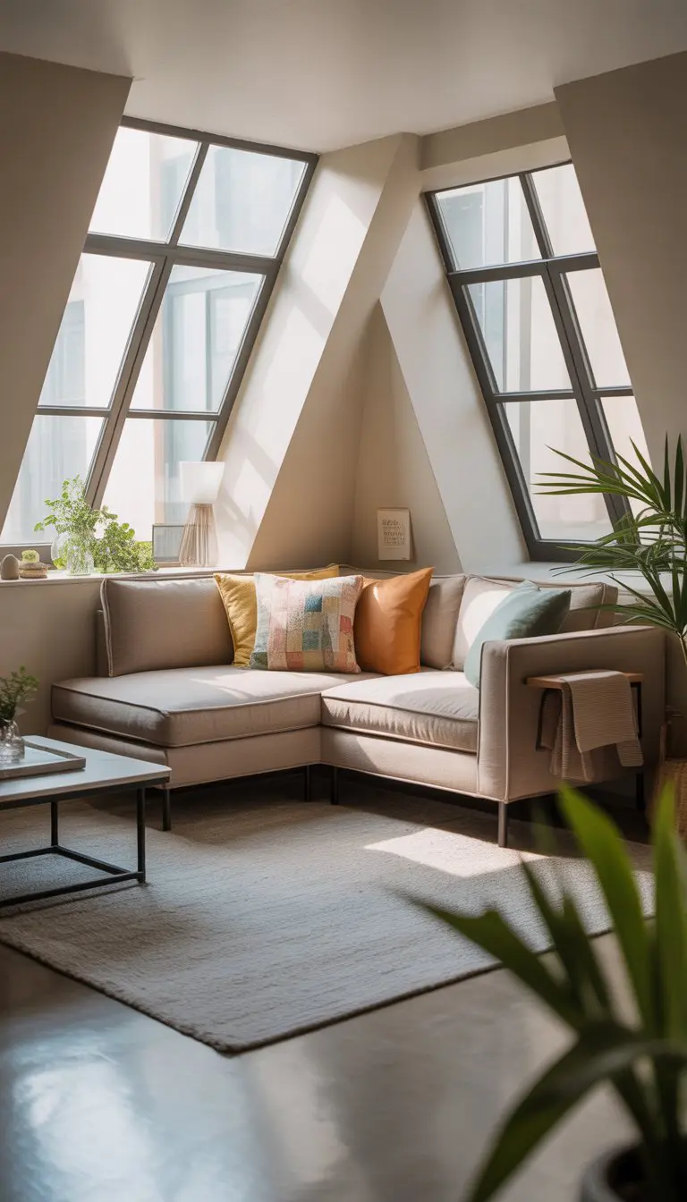Small living room with a corner sectional sofa arranged in an angled corner, bright natural light, a coffee table, area rug, and plants.