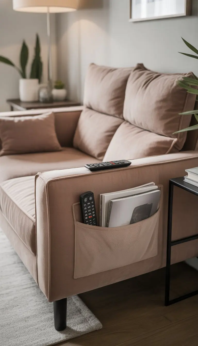 A small living room with a loveseat that has hidden side pockets holding remotes and magazines.