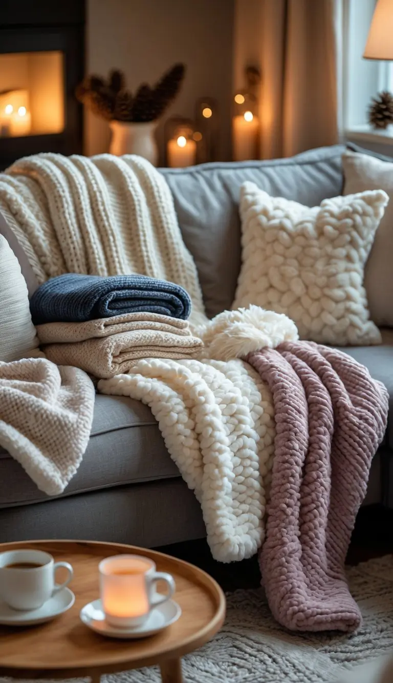 A living room sofa layered with several plush throw blankets in different textures and colors, with a coffee table and warm lighting.