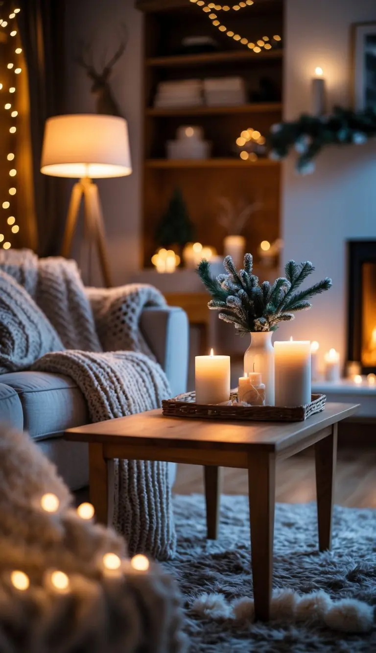 A cozy living room with warm lighting, a sofa with cushions and blanket, a coffee table with candles and plants, and a glowing fireplace.