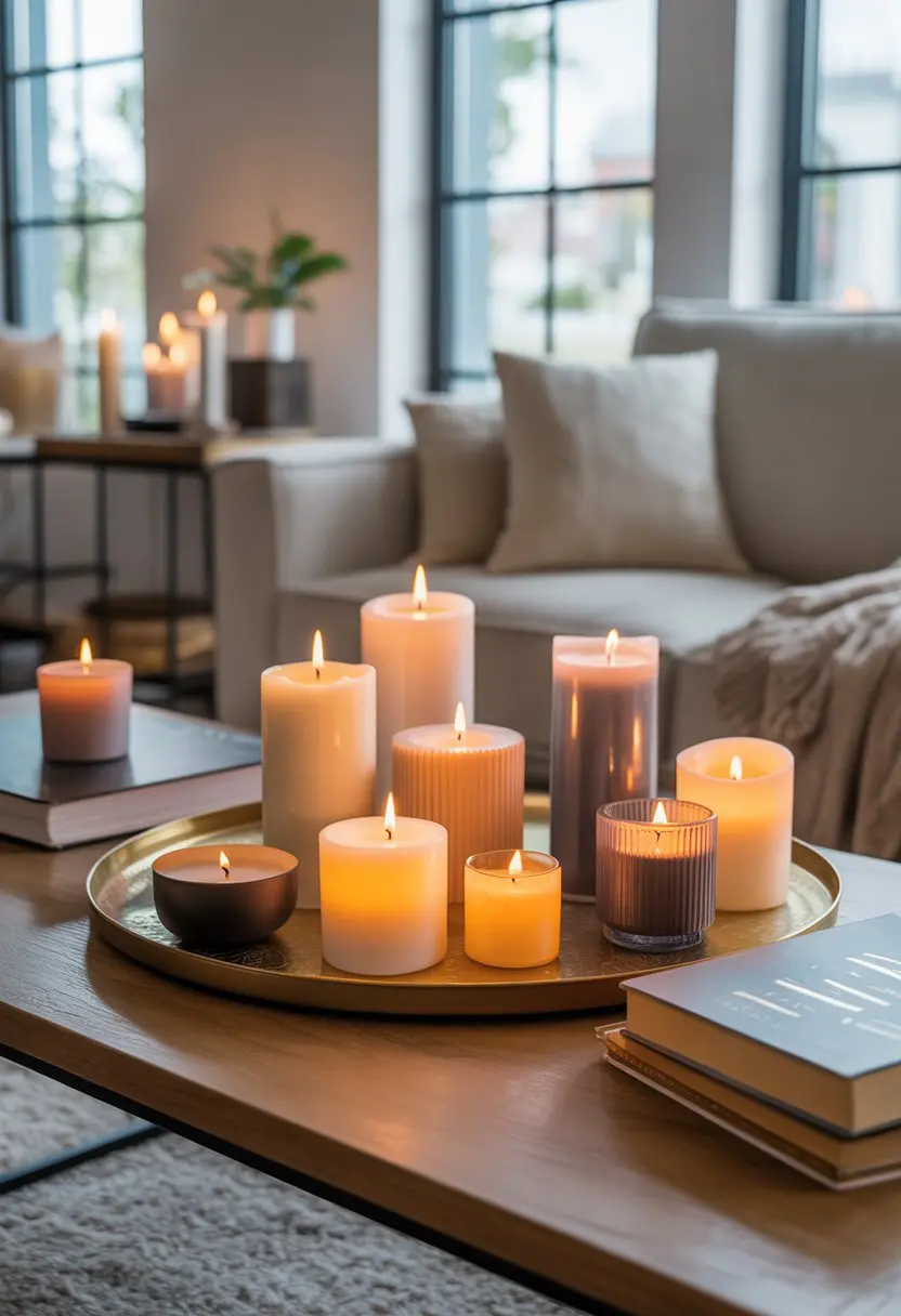 A living room with a coffee table featuring various candles arranged alongside a sofa, plants, and books.