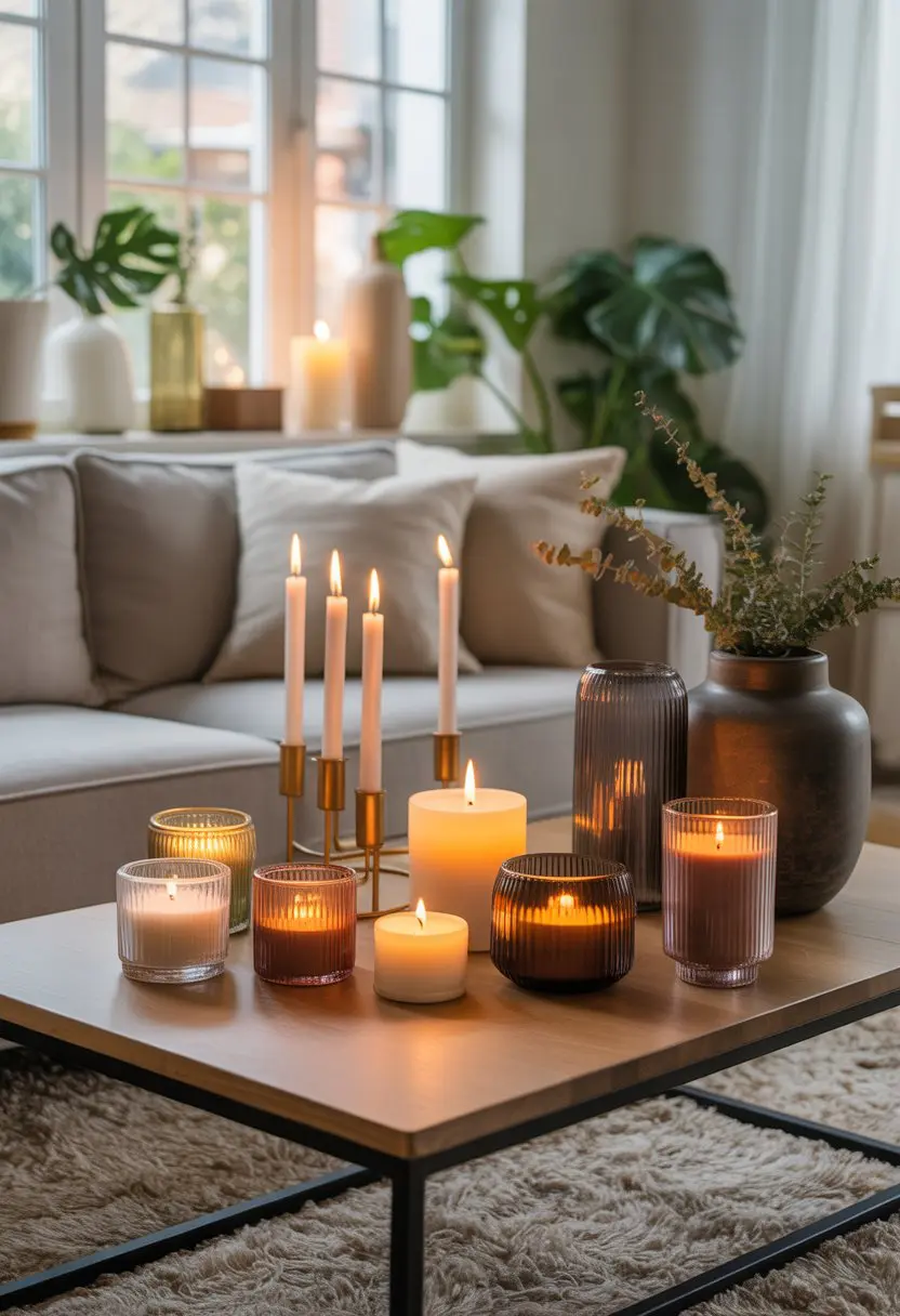 Living room with a coffee table displaying various candles and holders, surrounded by sofa, plants, and decorative items.
